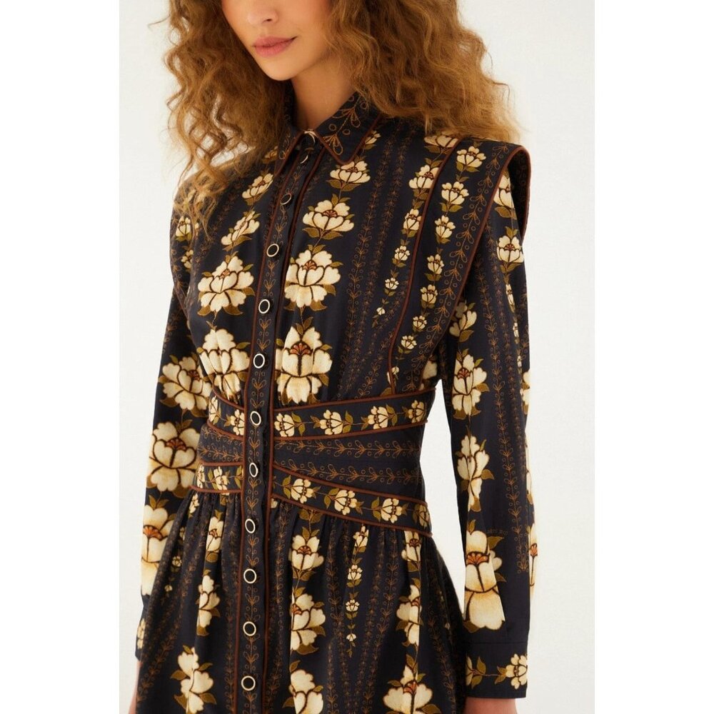 Farm Rio Topstitching Long Sleeve Mini Dress in Black Embroidered Flower Small - Picture 5 of 14